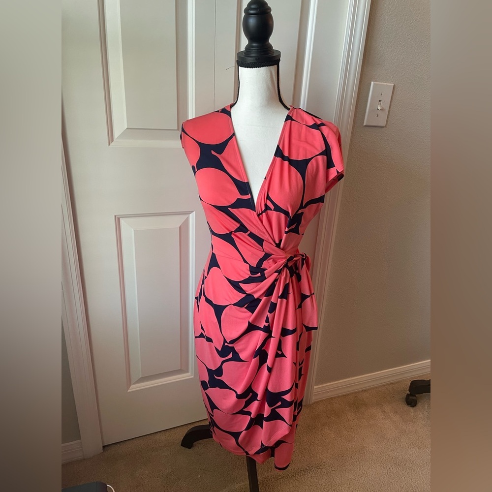 Maggy London Coral and Navy Printed Wrap Midi Dress